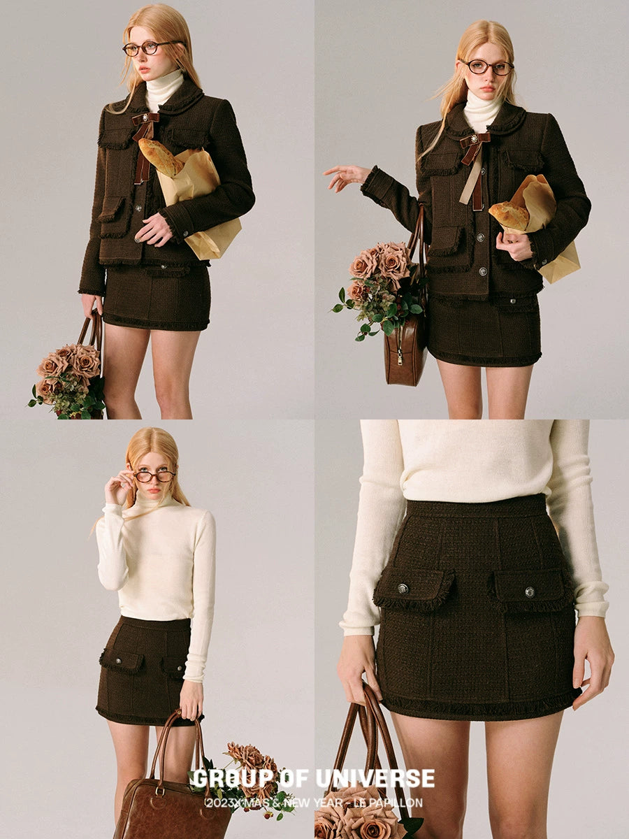 Bow Design Wool Blend Jacket & Short Skirt Setup NA5916