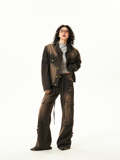 Washwd Damage Denim Jacket & Damage Wide Leg Denim Jeans Setup NA9431