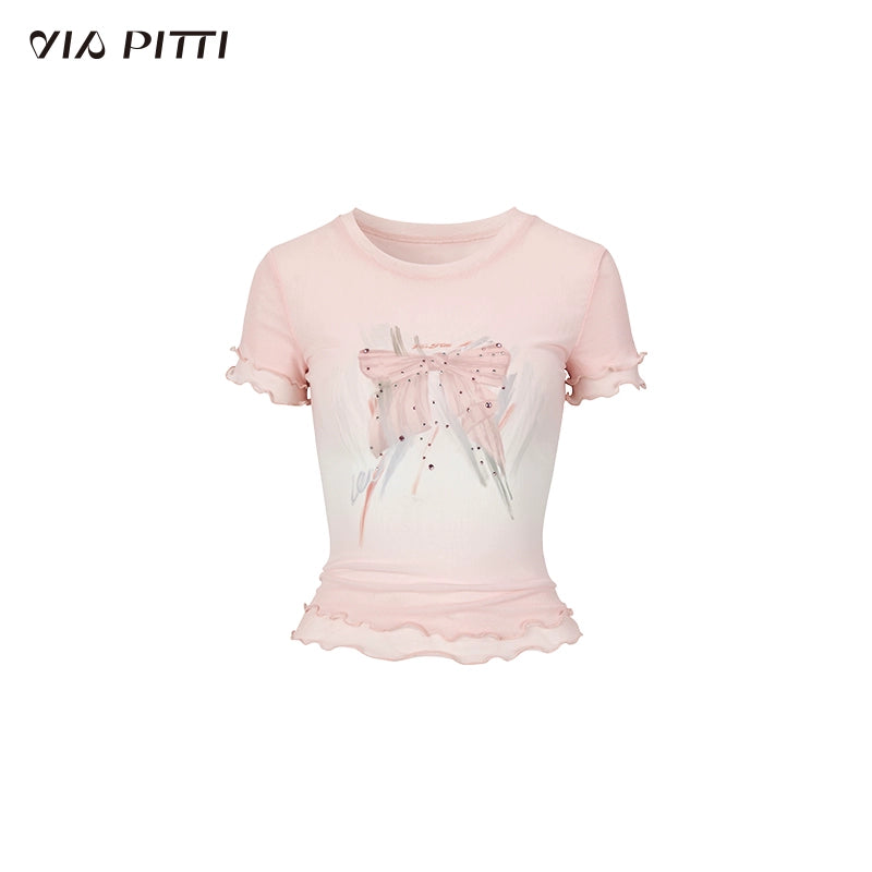 Bow Print Round Neck Short Sleeve T-shirt NA4763