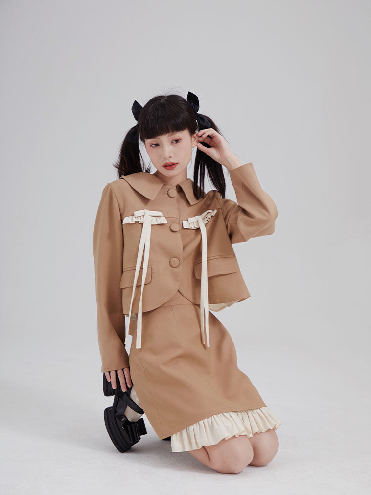 Double-Breasted Cropped Jacket & Ruffle Hem Skirt Setup NA8820