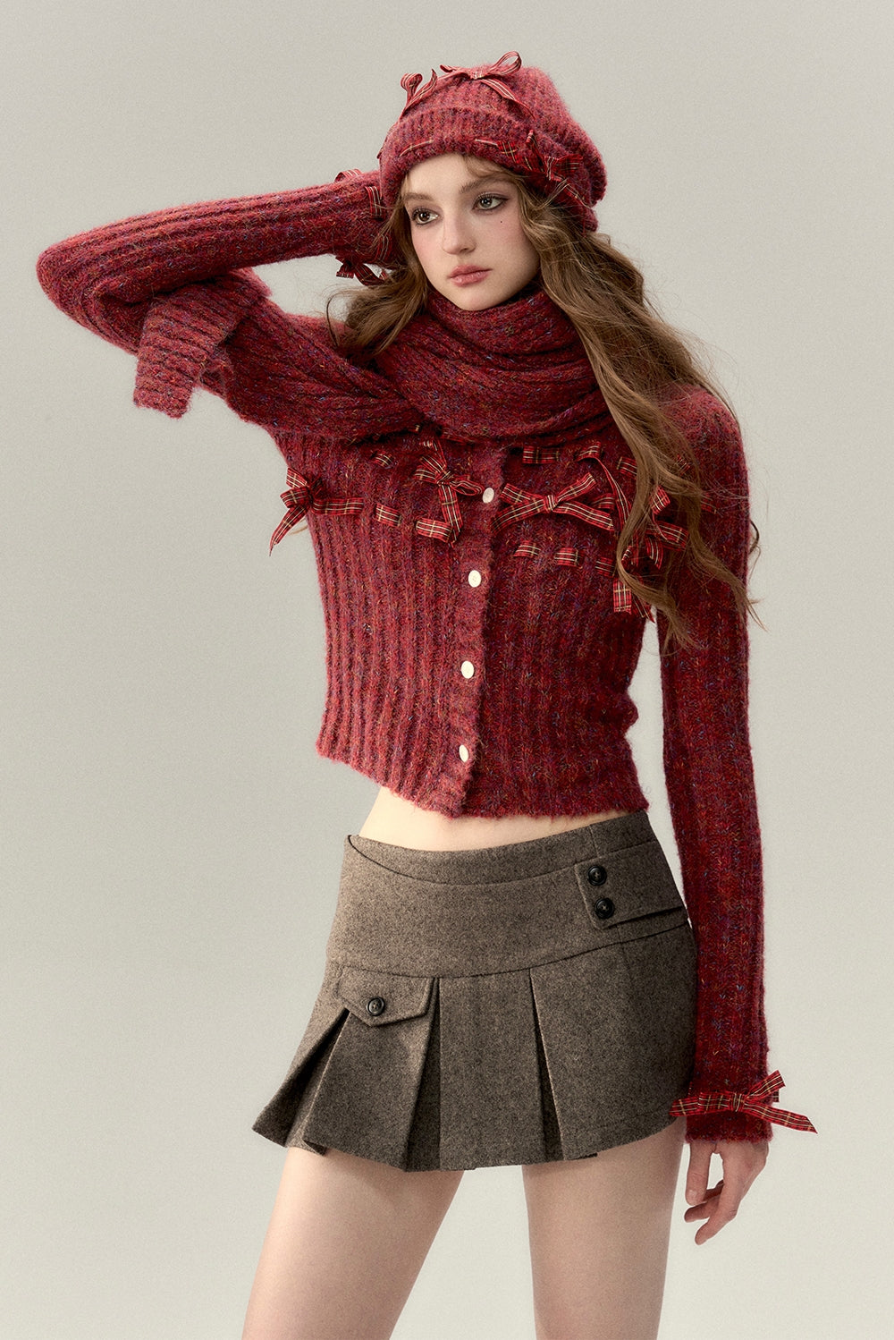 Bow Knit Cardigan & Bow Knit Hat & Knit Scarf NA4698