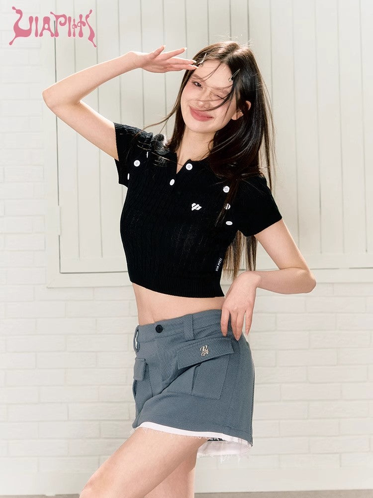 Polo Collar Twists Knit Short Sleeve T-shirt NA4898