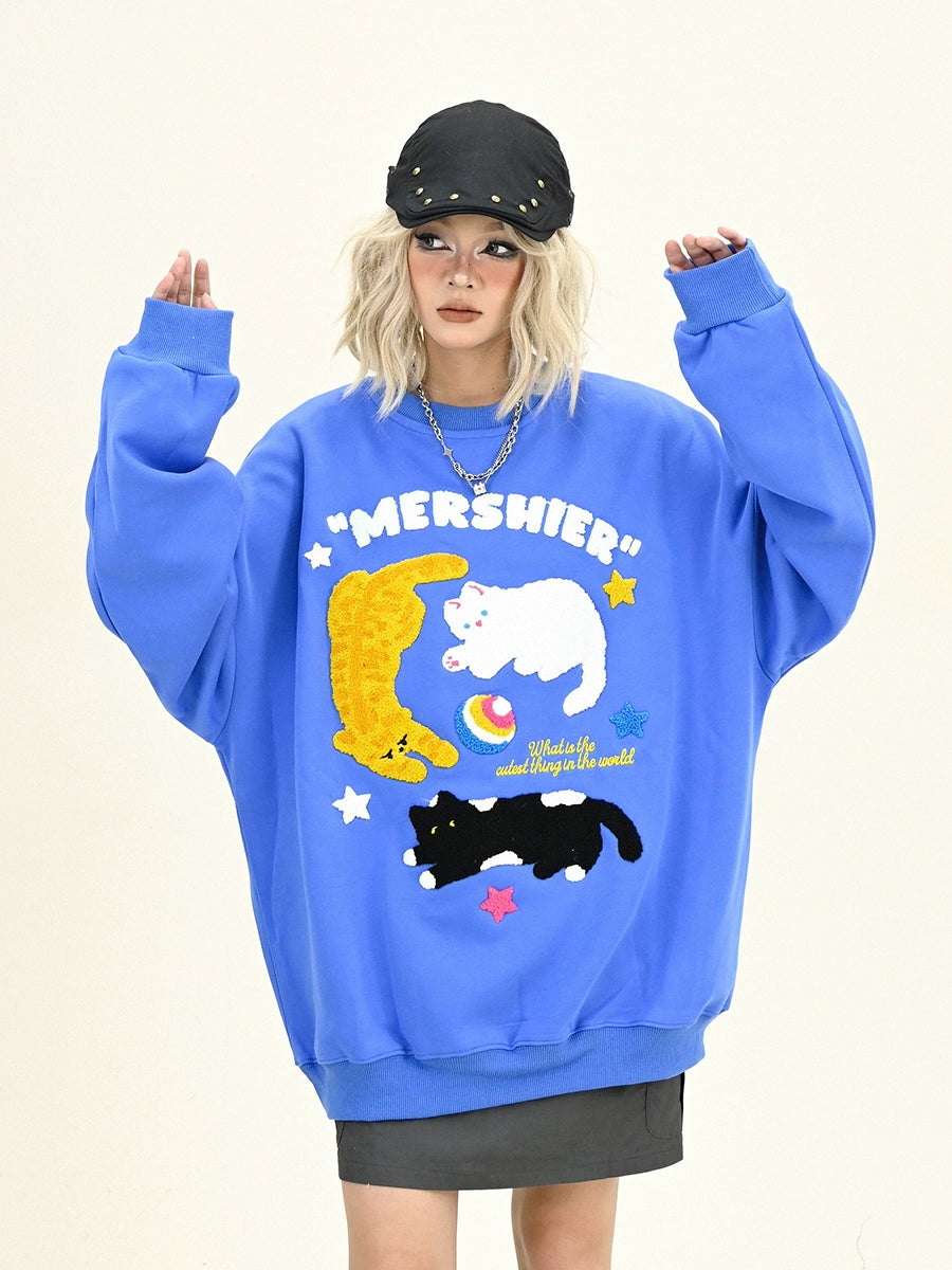 Cat Graphic Round Neck Oversize Sweatshirt NA6307