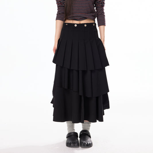 High-Waist Pleated Layered Split A-Line Skirt NA7129