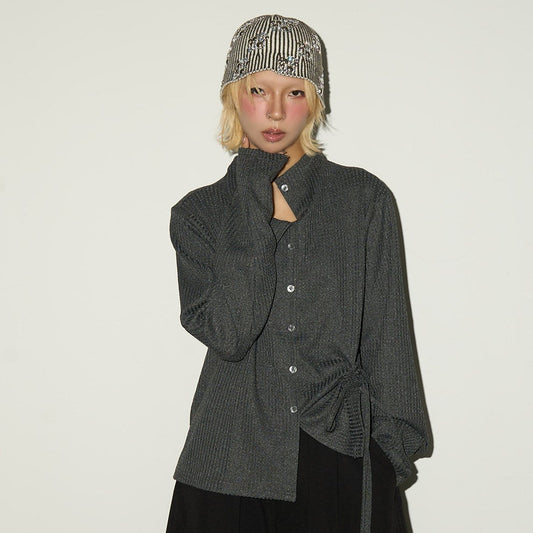 Asymmetrical Ribbed Knit Long Sleeve Shirt NA9107