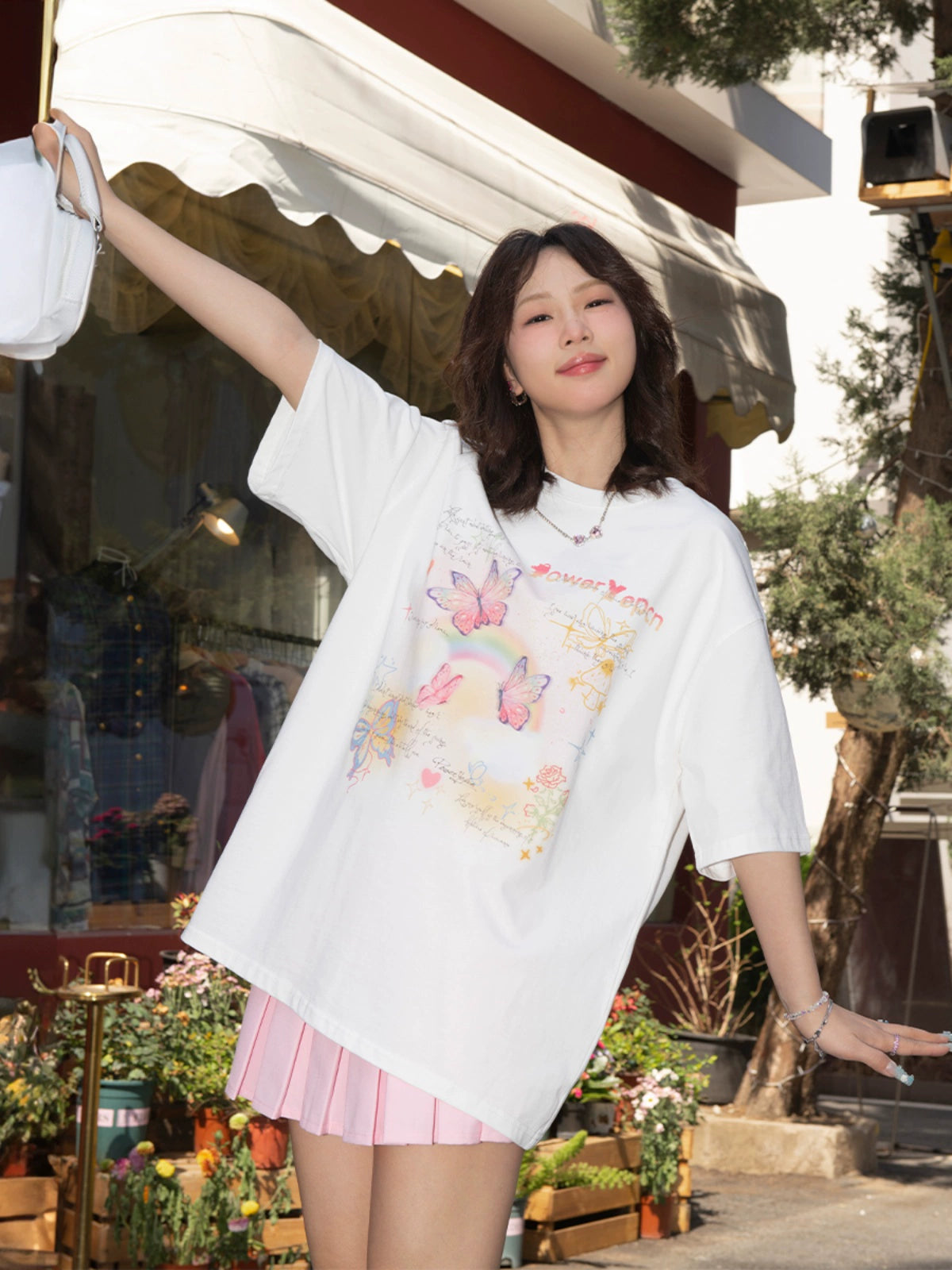 Butterfly Print Pure Cotton Oversized Short Sleeve T-Shirt NA2699