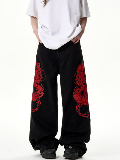Dragon Embroidery Wide Leg Denim Jeans NA2968