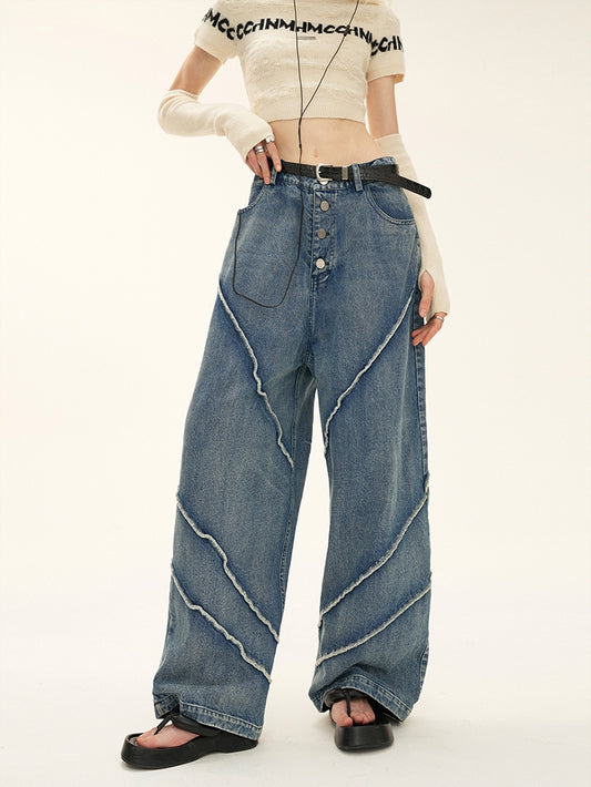 Button Wash Wide-Leg Straight Denim Jeans NA5724