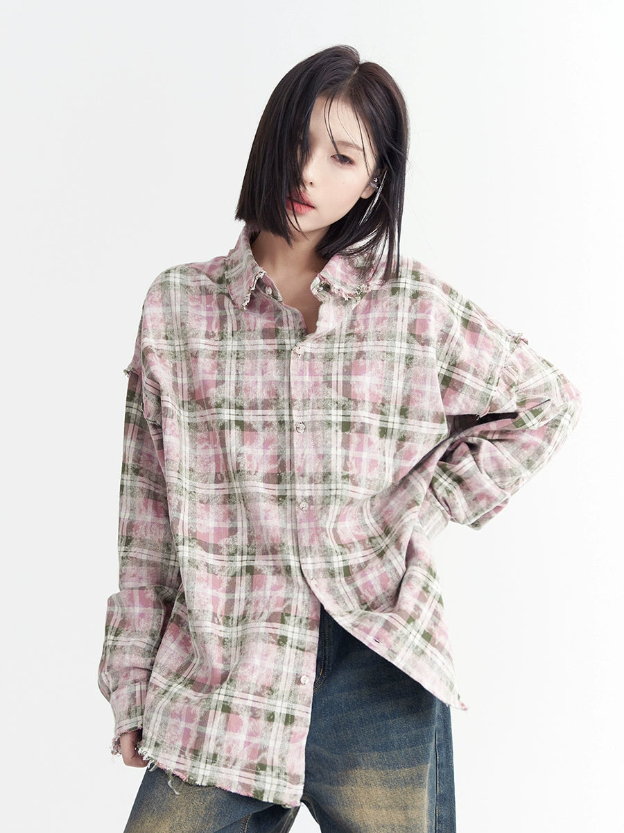 Oversize Pink Plaid Long Sleeve Shirt NA2731