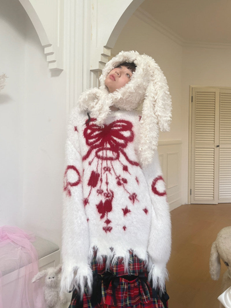 Bow Design Shaggy Knit Sweater NA8304