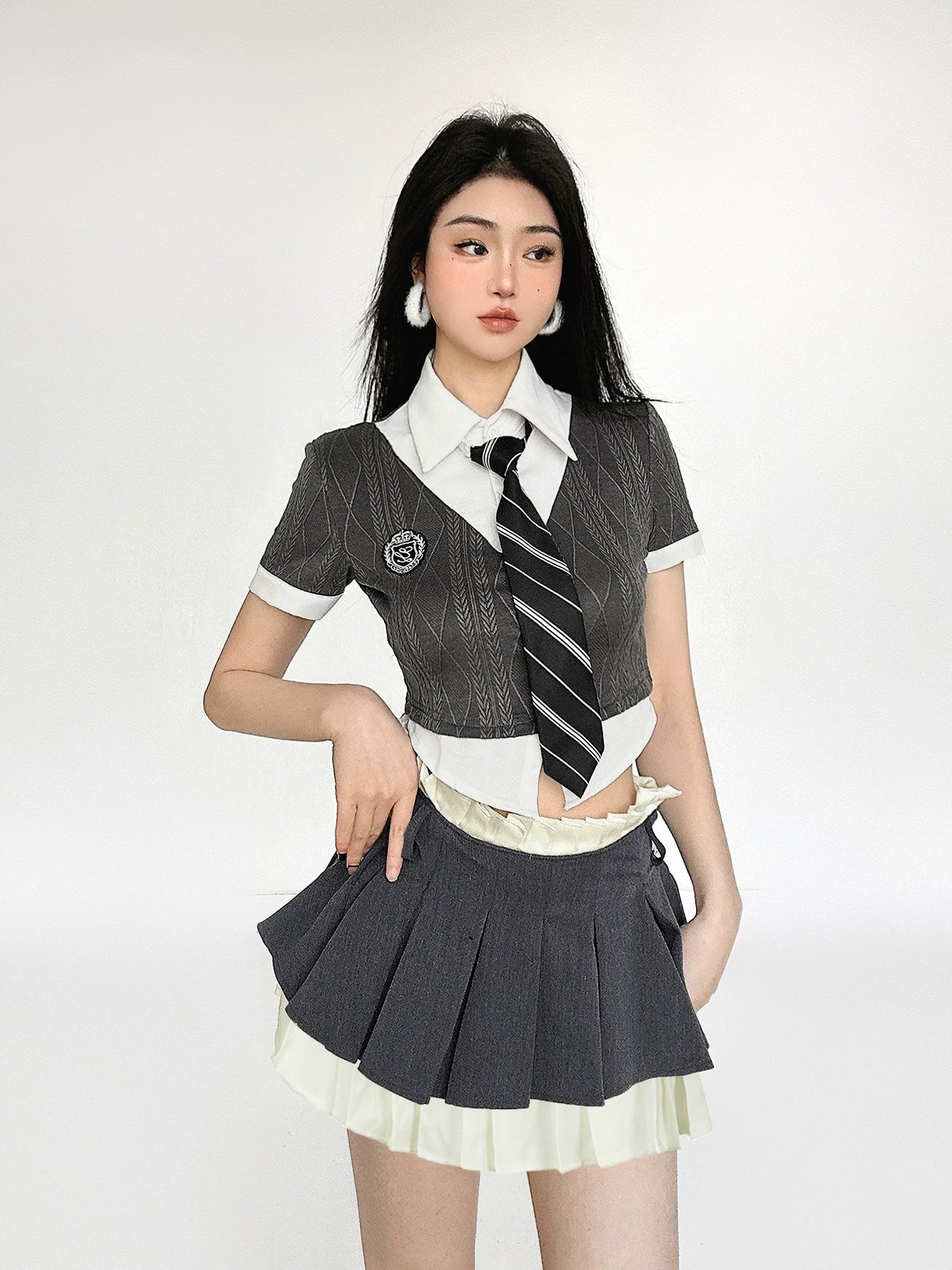 Fake Layered Short Sleeve Shirt & High Waist Pleated Skirt Setup NA4471