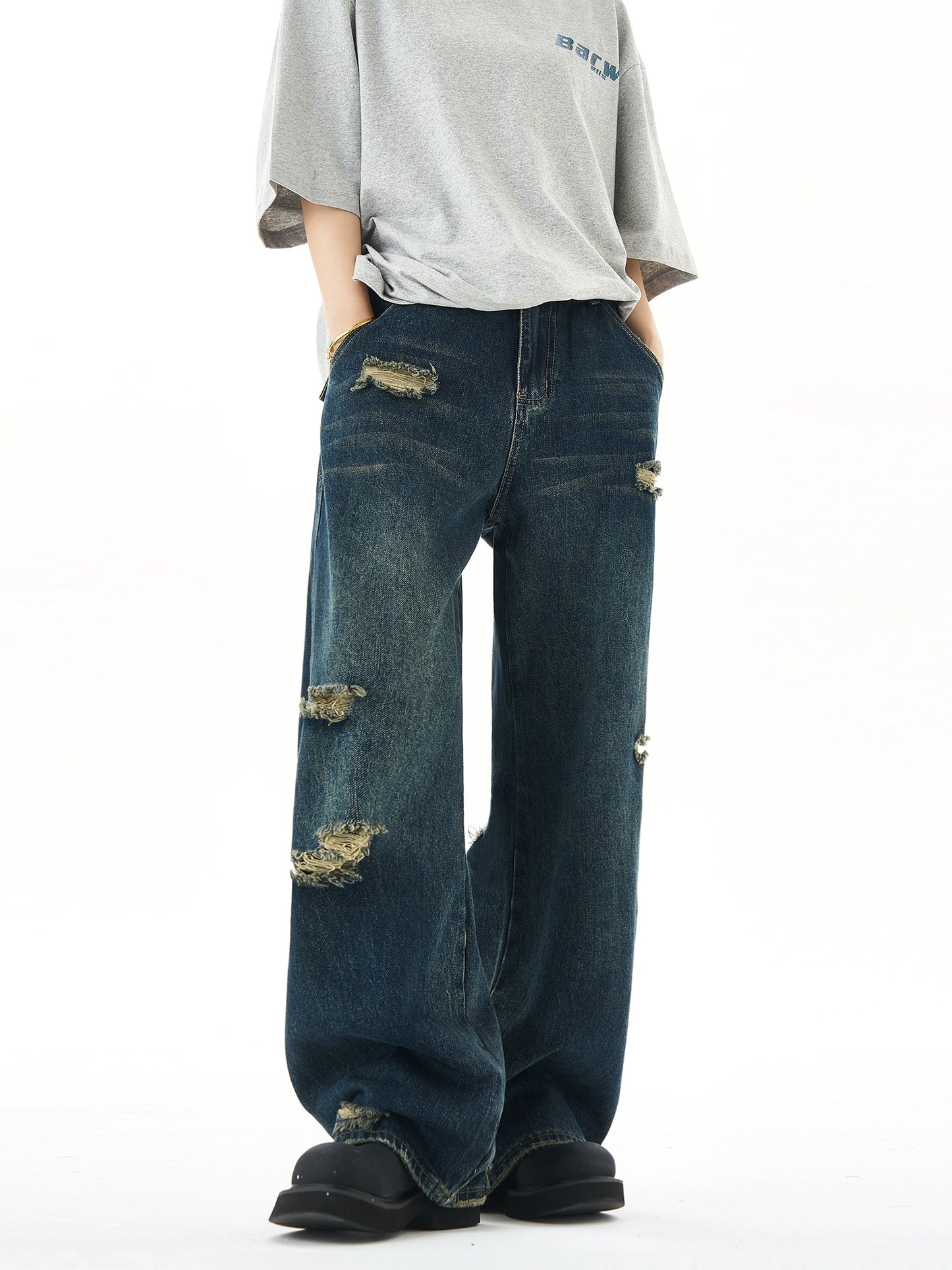 Washed Wide-Leg Straight Denim Jeans NA3057