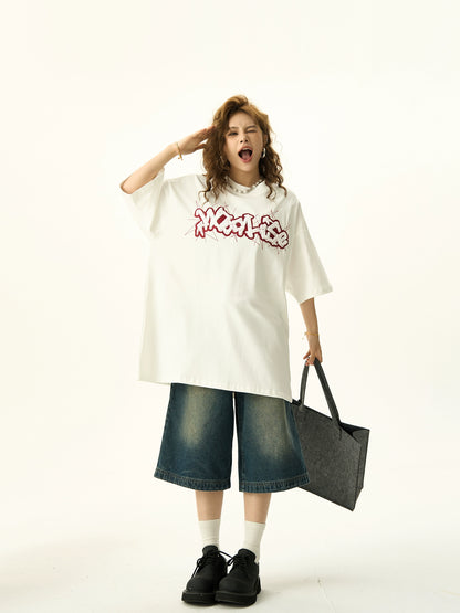 Flocking Embroidery Letter Short Sleeve T-shirt NA3147