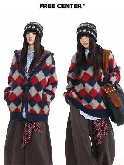 Heavyweight Diamond Pattern Oversize Hooded Knit Cardigan & Knit Sweater NA8871