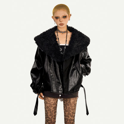 Retro Gothic Large Fake Fur Collar Oversize PU Leather Jacket NA8617