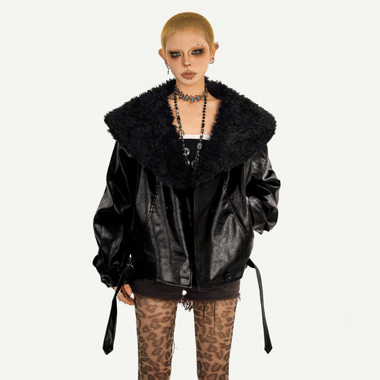 Retro Gothic Large Fake Fur Collar Oversize PU Leather Jacket NA8617