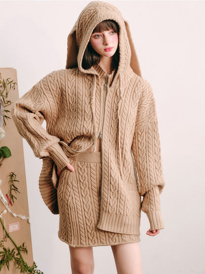 Bunny Hare Ear Hooded Zipper Knit Cardigan & Knit Skirt Setup NA5886