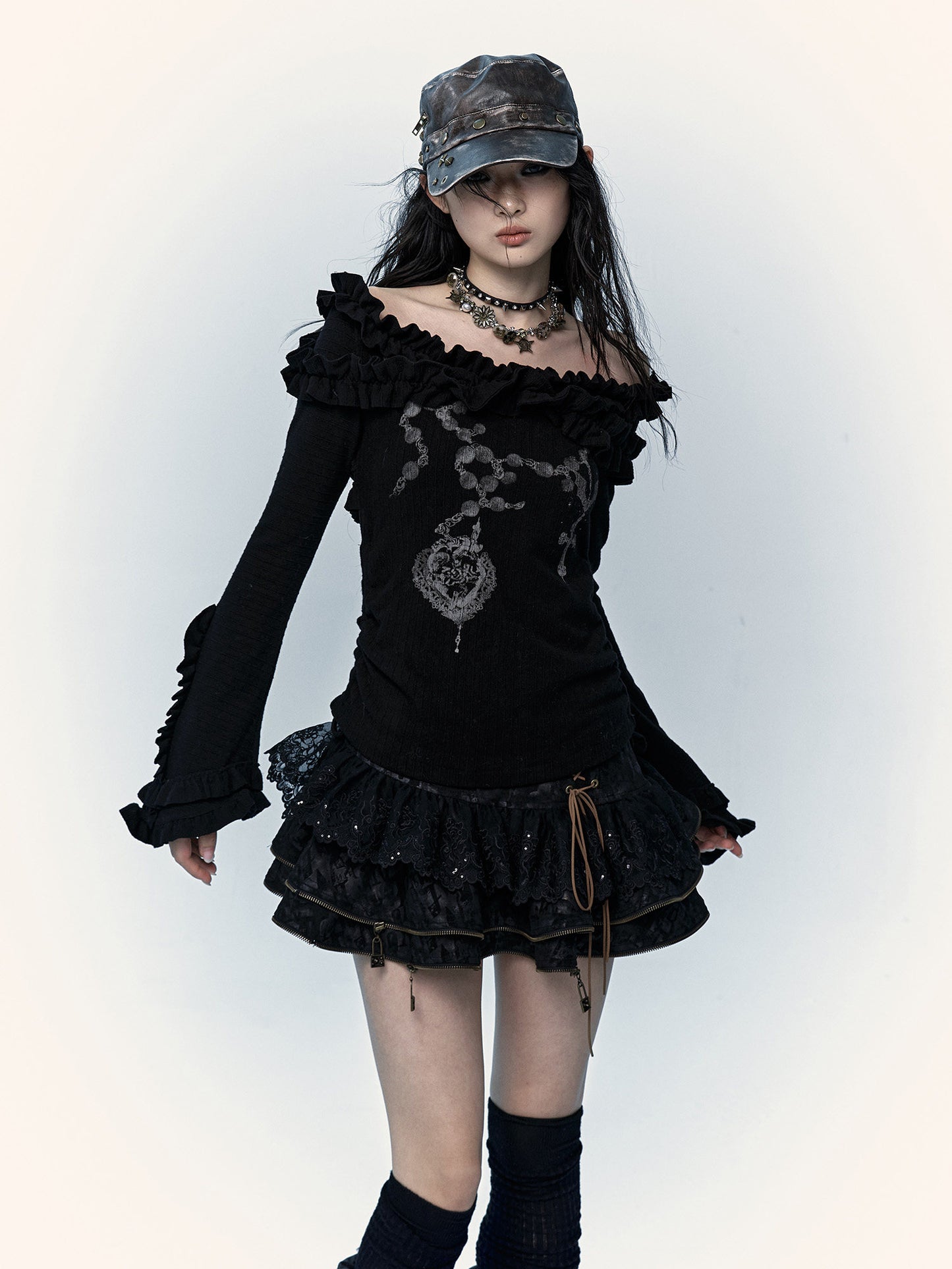 Ruffle Print Flare Sleeve Long Sleeve T-Shirt NA8983