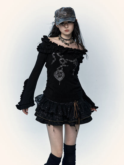 Ruffle Print Flare Sleeve Long Sleeve T-Shirt NA8983