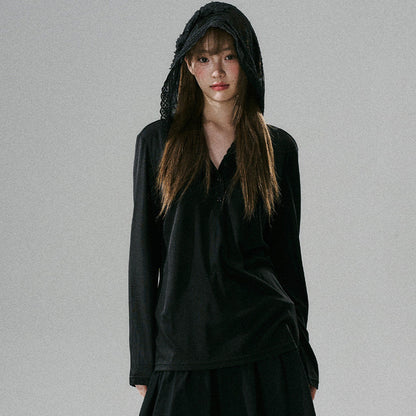 Lace Bow Hooded Long Sleeve Lyocell Shirt NA8815