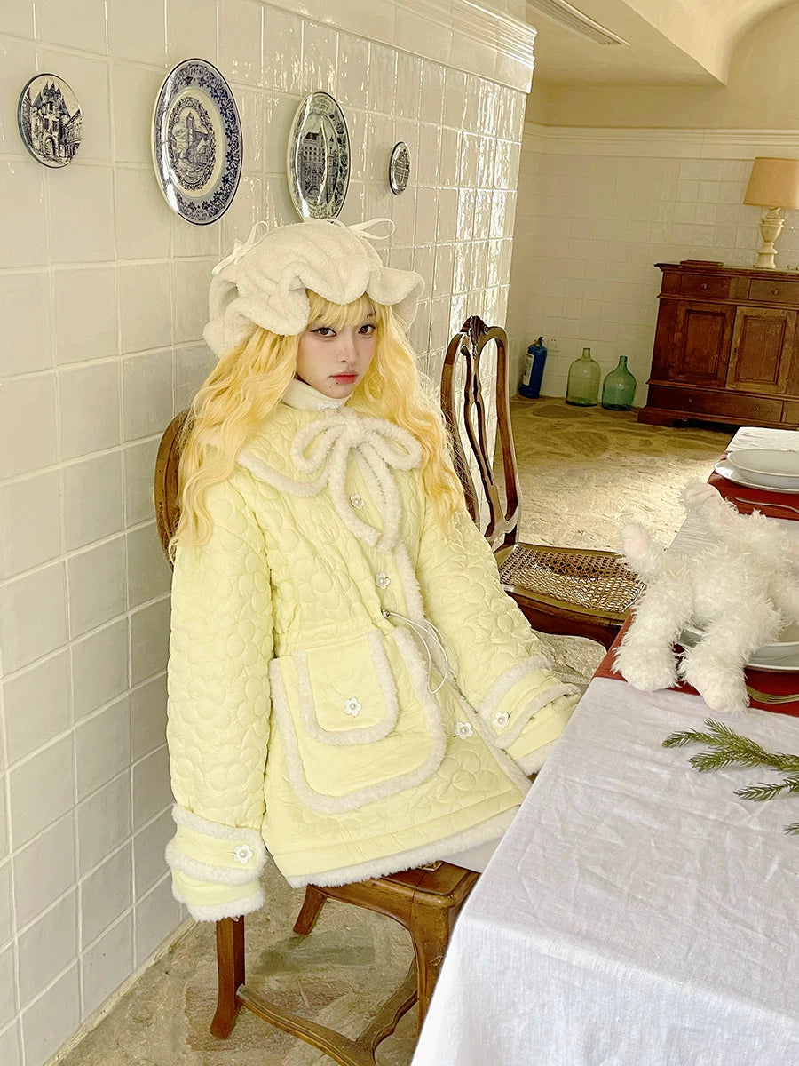 Flower Plush Bow Tie Puffer Jacket NA8302