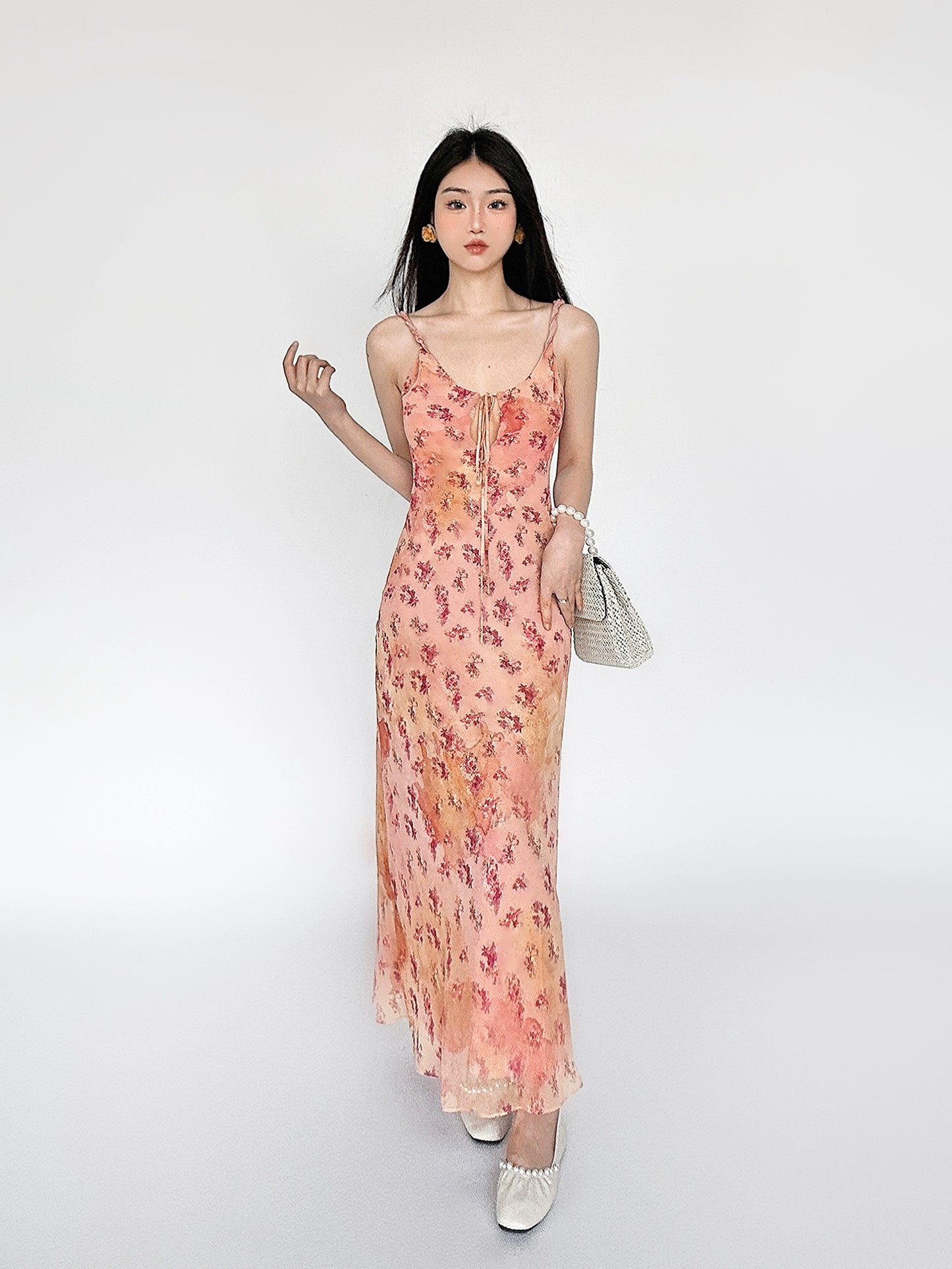 Mesh Sling Flower Print Long Dress NA4598