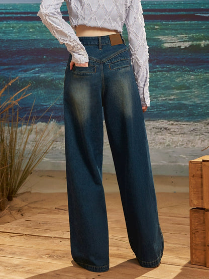 Patchwork Wide-Leg Straight Denim Jeans NA3327