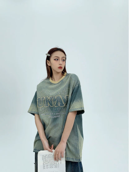 Patch Embroidery Oversized Denim Short Sleeve T-Shirt NA2869