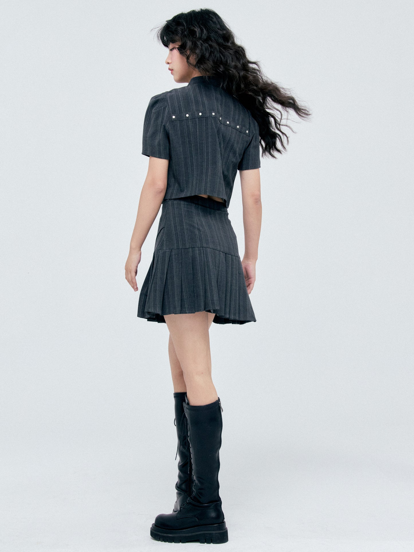 Bow Detail Pinstripe Cropped Shirt & Pleated Skirt Setup NA8838