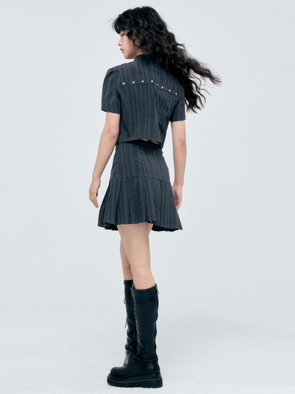 Bow Detail Pinstripe Cropped Shirt & Pleated Skirt Setup NA8838
