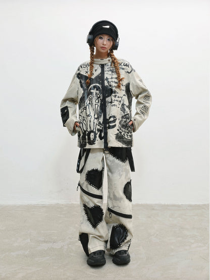 Damage Print Thick PU Leather Jacket NA8556