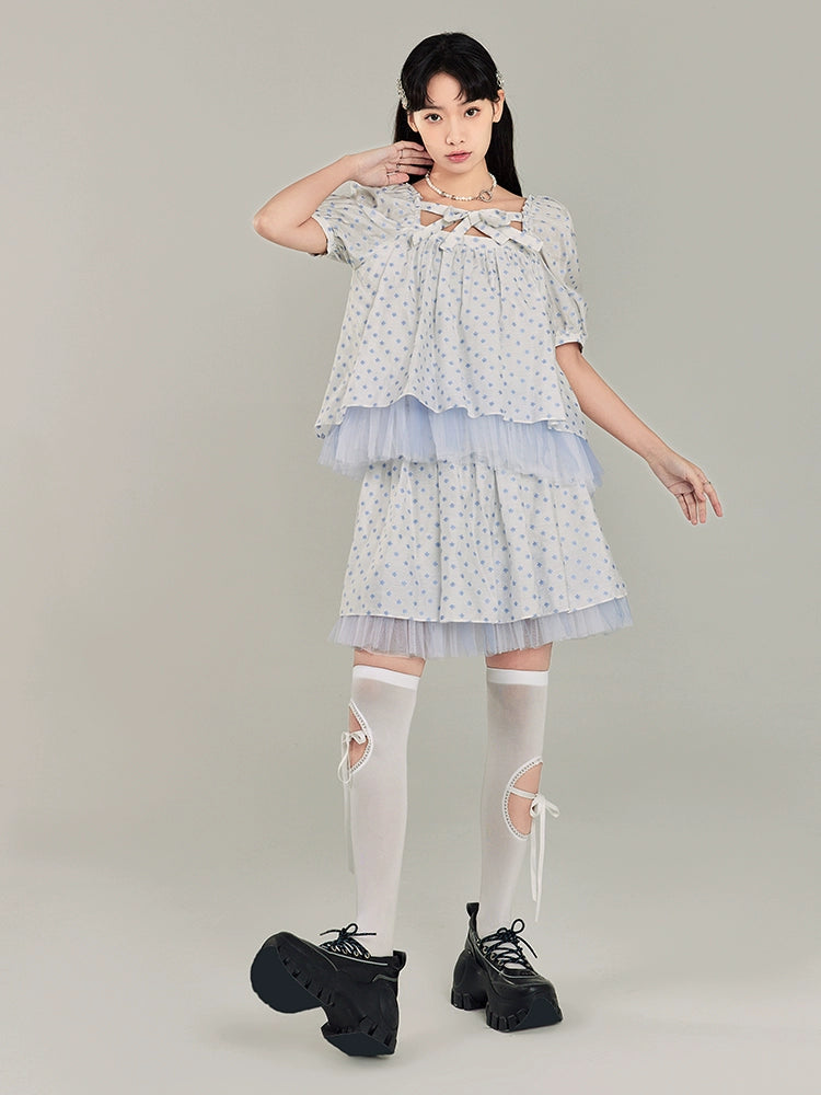 Polka Dot Pattern Lace Splicing Short Sleeve Shirt & Short Skirt Setup NA5409