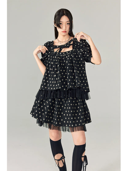 Polka Dot Pattern Lace Splicing Short Sleeve Shirt & Short Skirt Setup NA5409