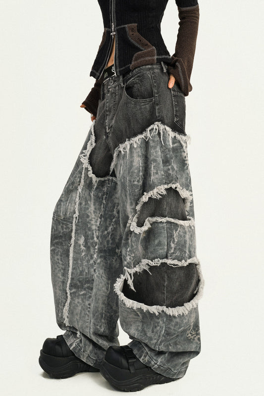 Fake Layered Heavy Craft Raw Hem Wide Leg Denim Jeans NA8570