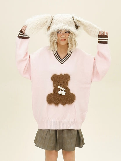 Bear Design V-Neck Knit Sweater NA6351