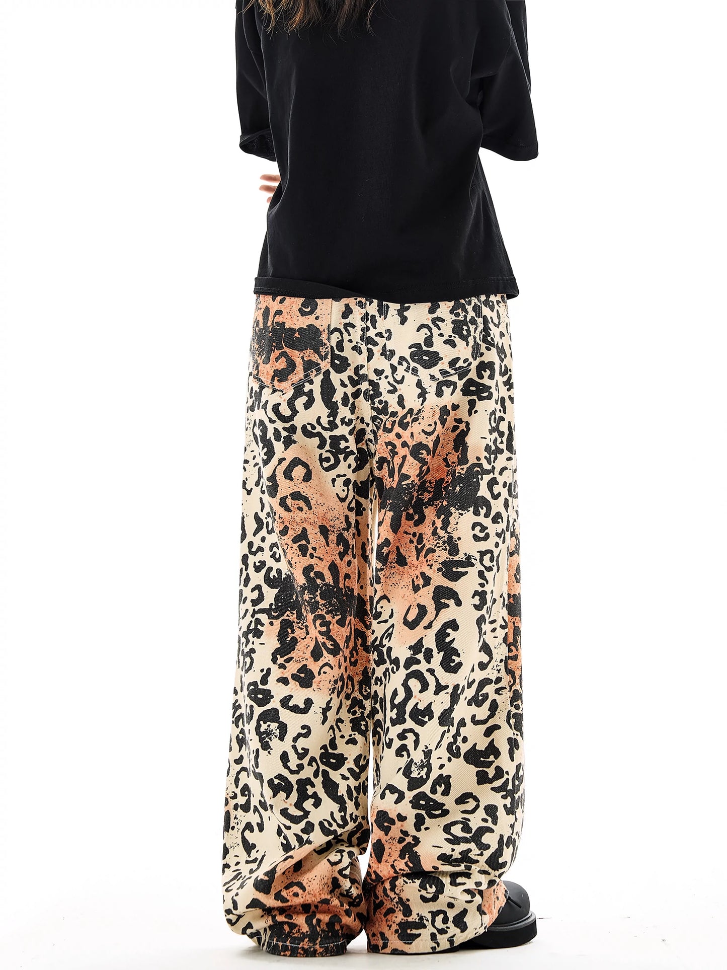 Leopard Print Wide-Leg Straight Denim Jeans NA3131