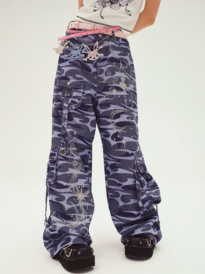 Graffiti Print Wide Leg Denim Jeans NA6652