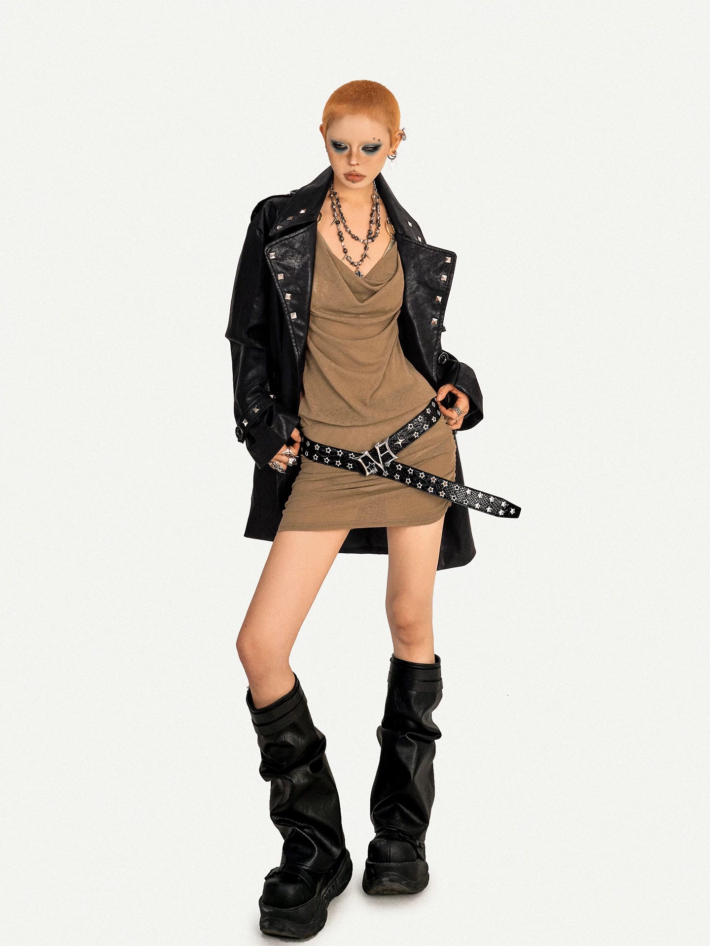 NA8637 Nico Molly Biker Spice Girl Studded Leather Jacket Women's Fall & Winter Premium Midi Coat NA8637