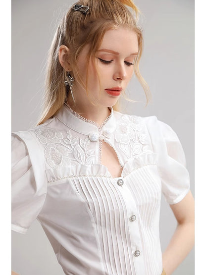 Floral Pleated Stand Neck Short Sleeve Blouse  NA5468