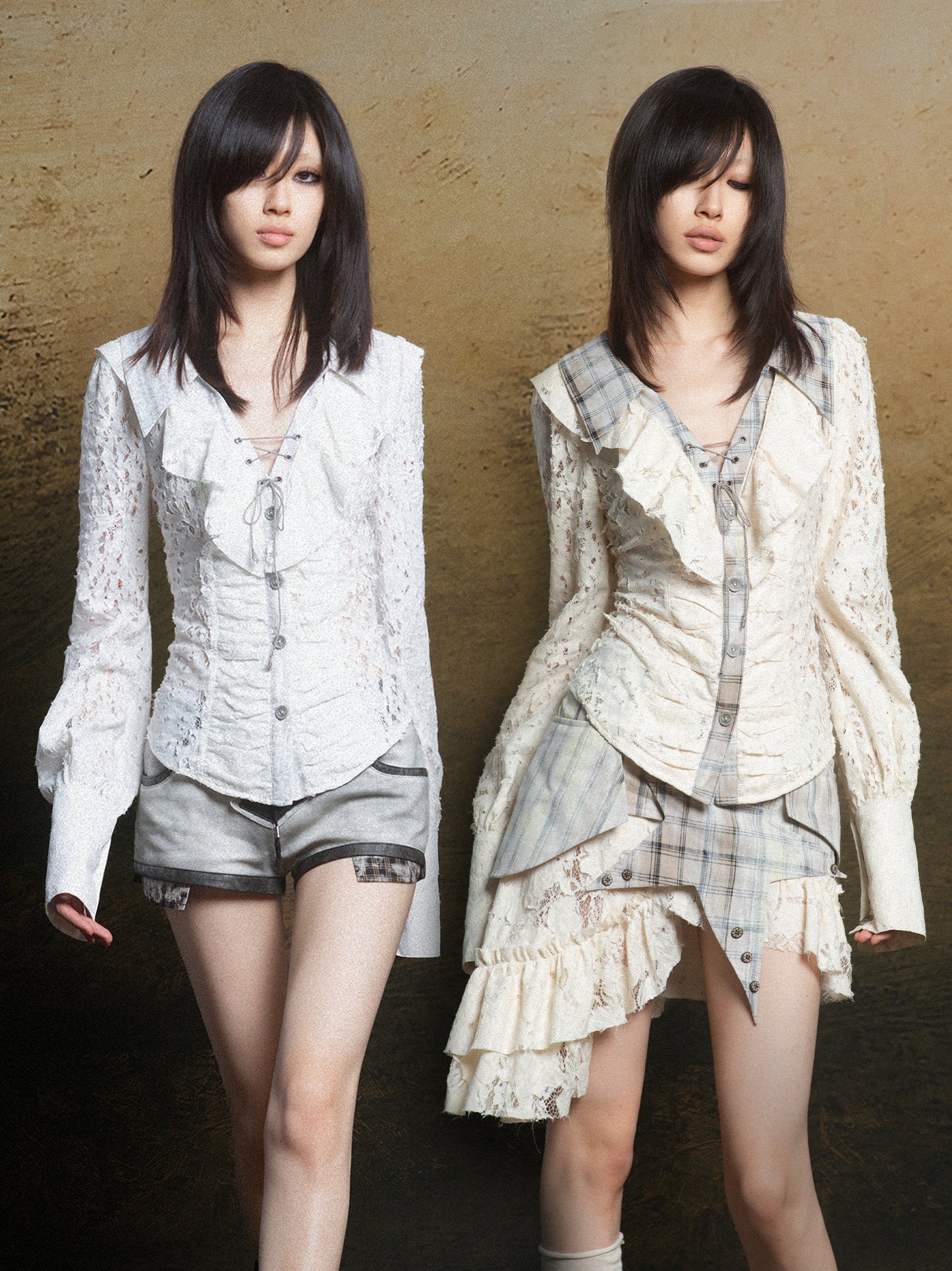 Ruffled Double Layered Hollow Romantic Slim Shirts NA8362