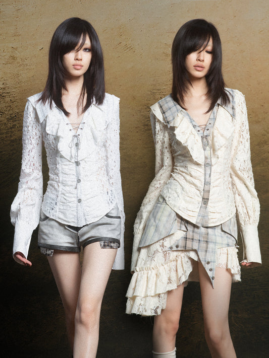 Ruffled Double Layered Hollow Romantic Slim Shirts NA8362