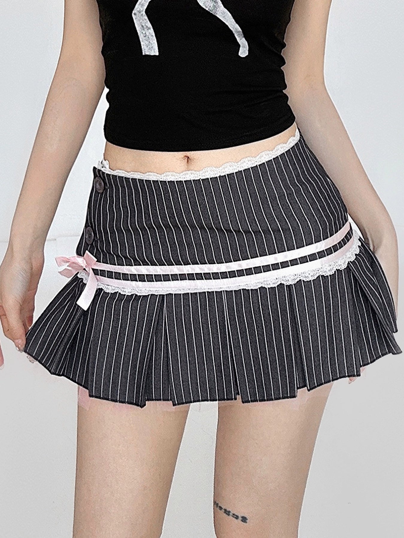 Stripe Bow Pleated Short Skirt NA4548