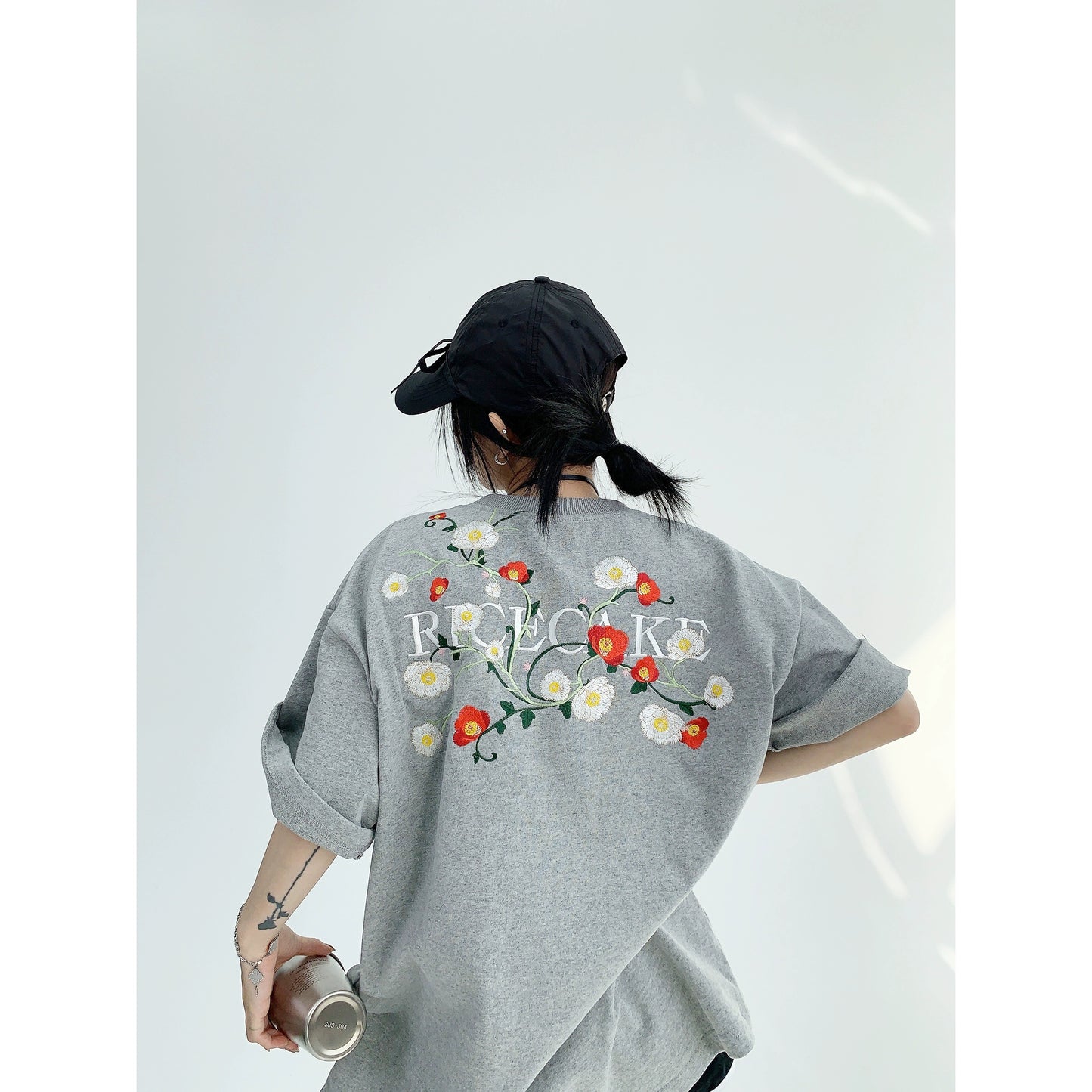 Oversize Flower Embroidery Short Sleeve T-Shirt NA2866