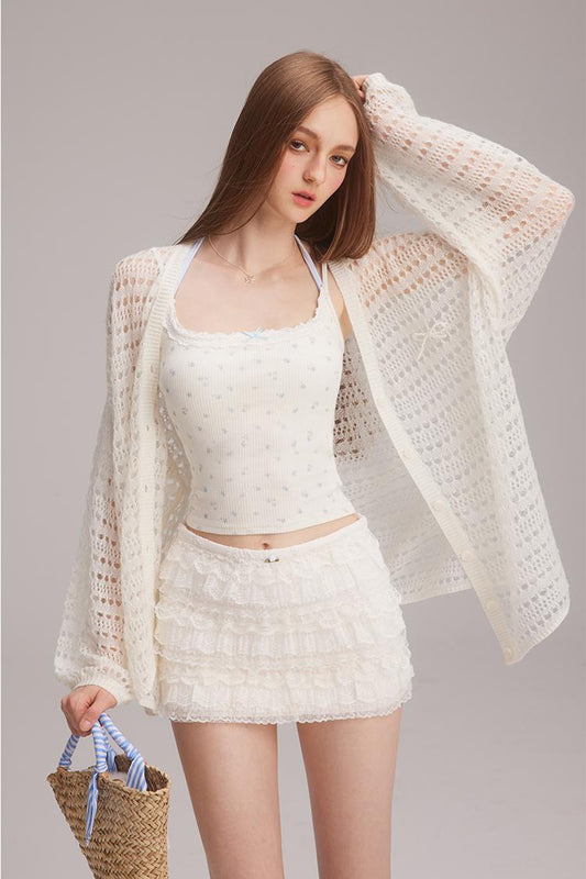 Knit Cardigan & Floral Camisole & Floral Shorts Setup NA4030