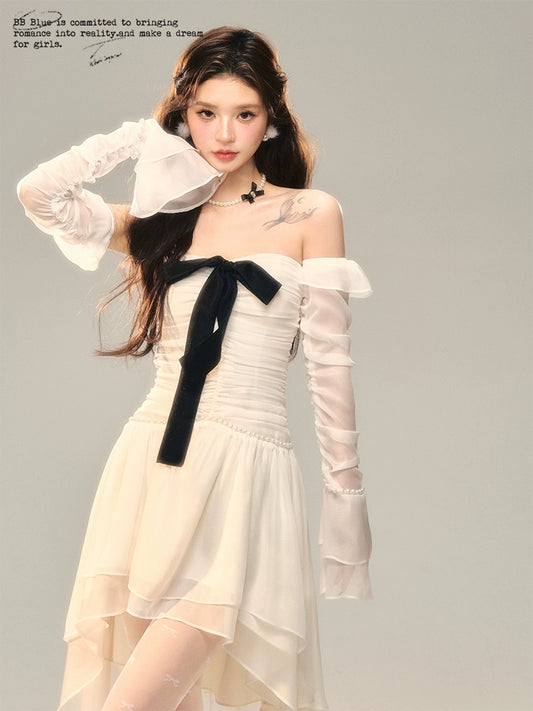 Off-Shoulder Bow Ruffle Short Dress & Arm Cover NA7471