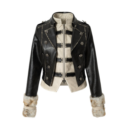 Standing-Collar Belt Detail Fake Fur Cuff PU Leather Jacket NA8980