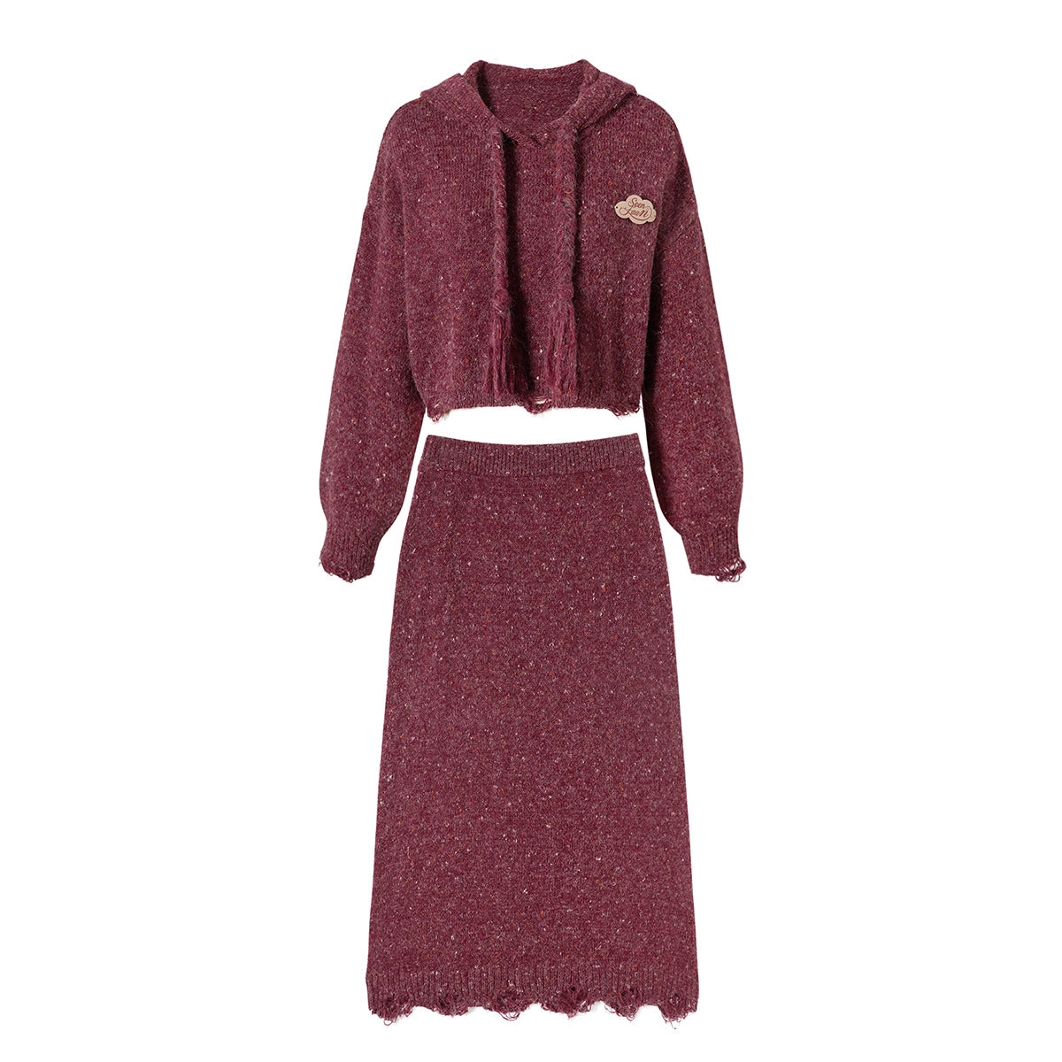 Textured Hooded Knit Sweater & Long Knit Skirt Setup NA6893