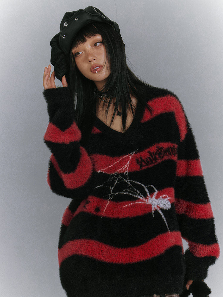 Mohair Spider Pattern Stripe Oversize V-Neck Knit Sweater NA8894