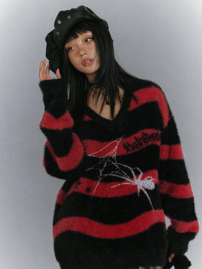 Mohair Spider Pattern Stripe Oversize V-Neck Knit Sweater NA8894