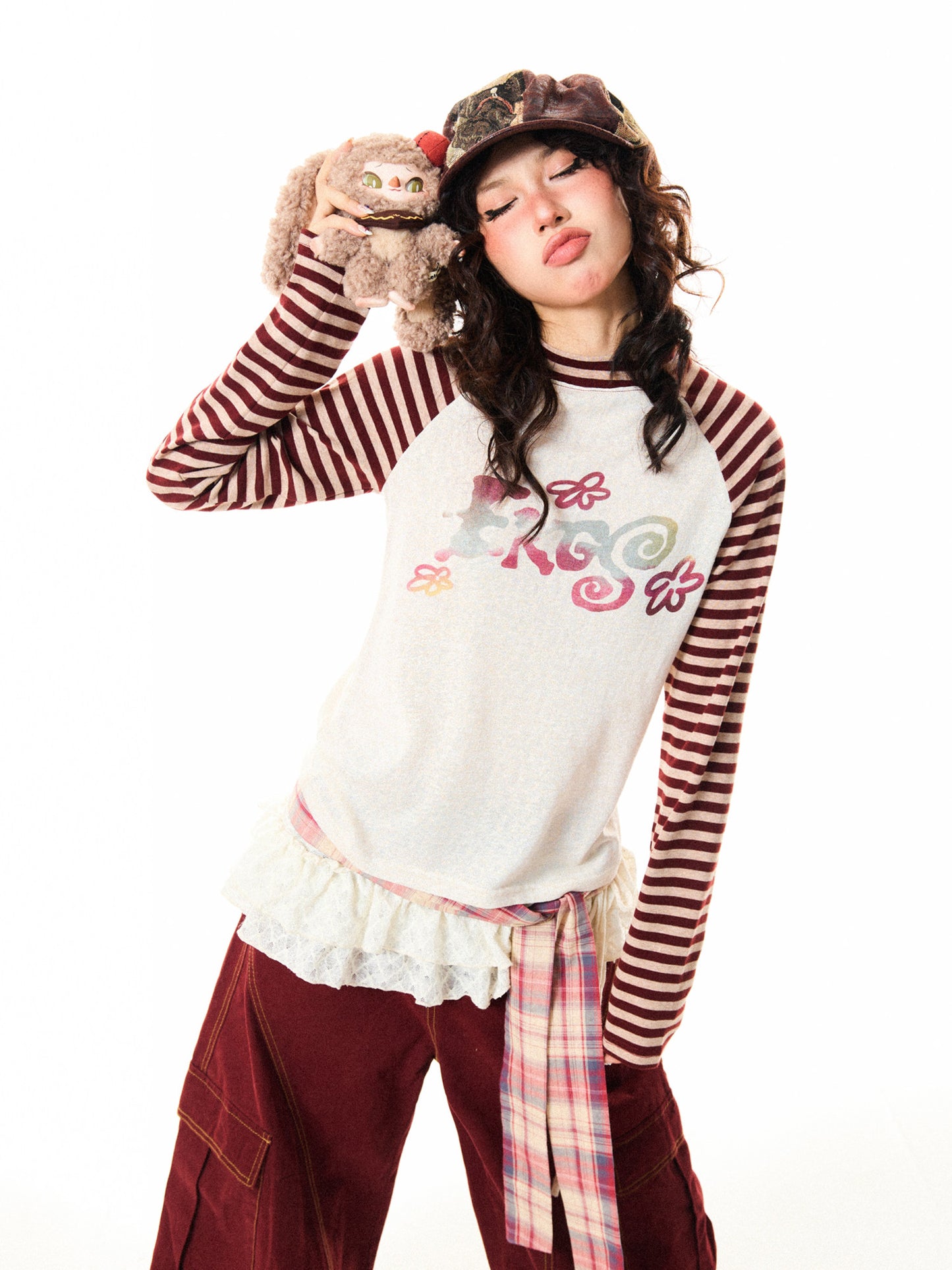 Stripe Raglan Graphic Print Long Sleeve T-Shirt NA9344
